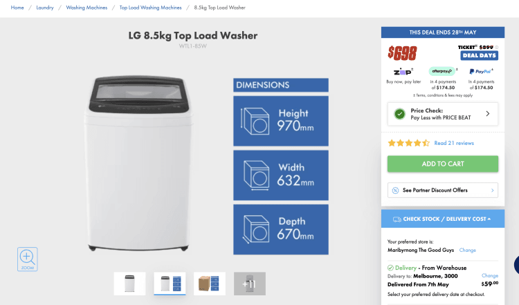 The Good Guys: LG 8.5kg Top Load Washer (WTL1-85W) – $682 with Price Beat